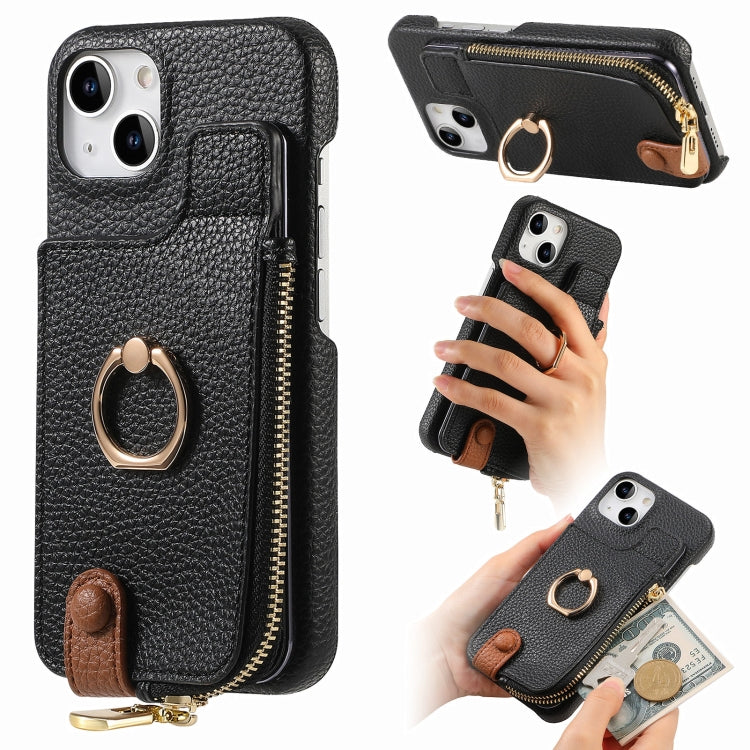 For iPhone 15 Plus Litchi Leather Oil Edge Ring Zipper Wallet Back Phone Case(Black) - iPhone 15 Plus Cases by buy2fix | Online Shopping UK | buy2fix