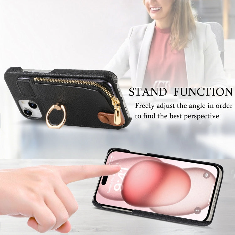 For iPhone 15 Plus Litchi Leather Oil Edge Ring Zipper Wallet Back Phone Case(Black) - iPhone 15 Plus Cases by buy2fix | Online Shopping UK | buy2fix