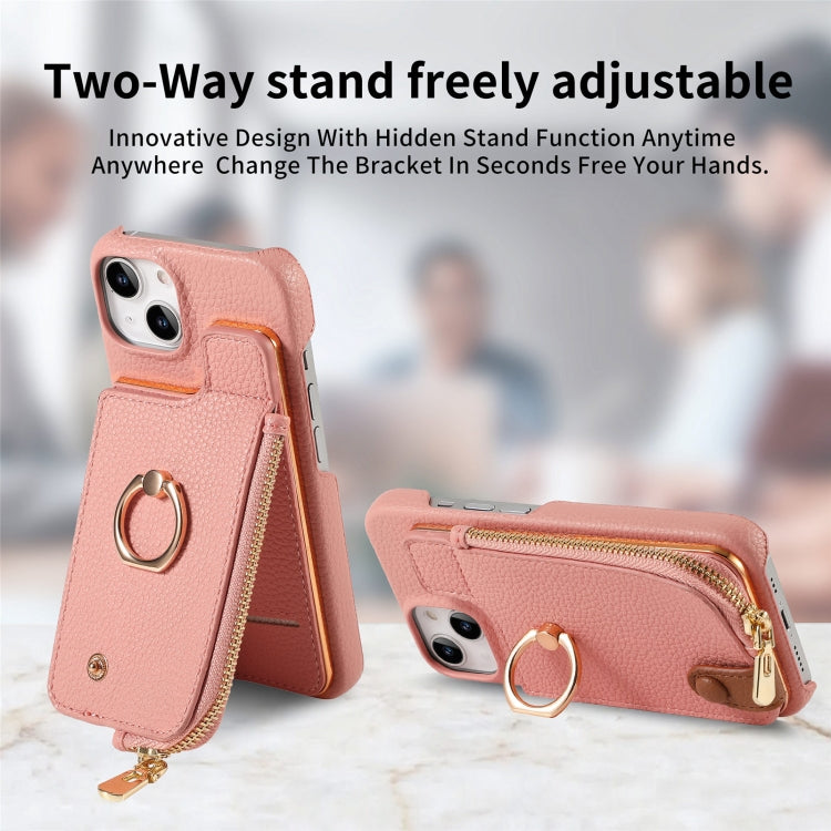 For iPhone 15 Plus Litchi Leather Oil Edge Ring Zipper Wallet Back Phone Case(Pink) - iPhone 15 Plus Cases by buy2fix | Online Shopping UK | buy2fix