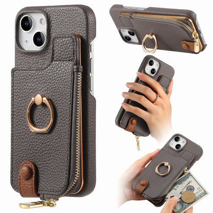 For iPhone 15 Plus Litchi Leather Oil Edge Ring Zipper Wallet Back Phone Case(Grey) - iPhone 15 Plus Cases by buy2fix | Online Shopping UK | buy2fix