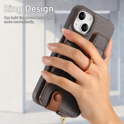 For iPhone 15 Plus Litchi Leather Oil Edge Ring Zipper Wallet Back Phone Case(Grey) - iPhone 15 Plus Cases by buy2fix | Online Shopping UK | buy2fix