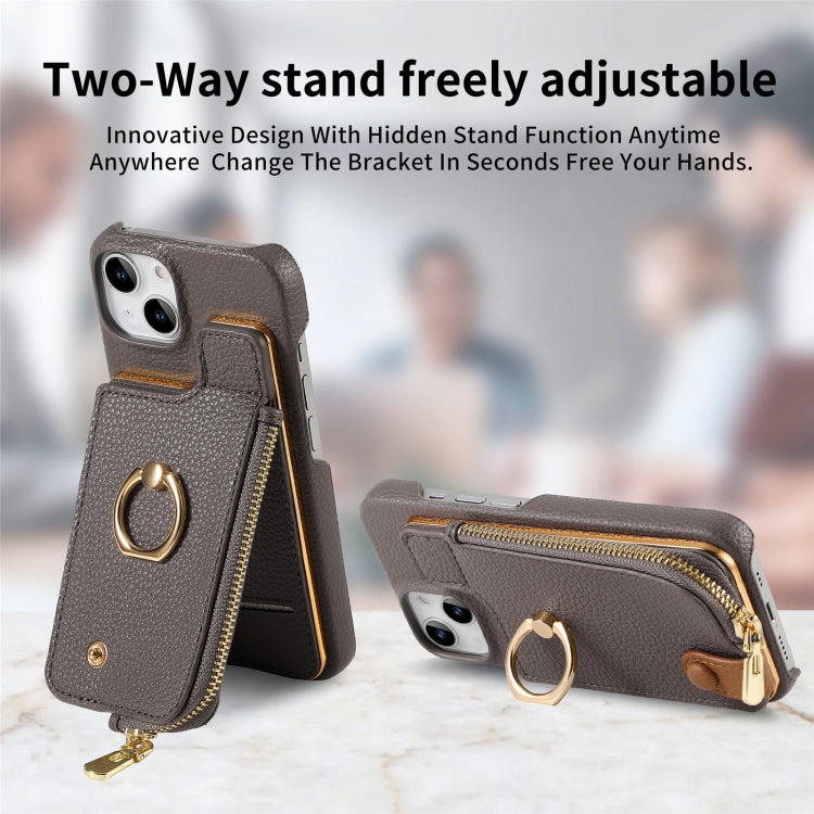 For iPhone 15 Plus Litchi Leather Oil Edge Ring Zipper Wallet Back Phone Case(Grey) - iPhone 15 Plus Cases by buy2fix | Online Shopping UK | buy2fix