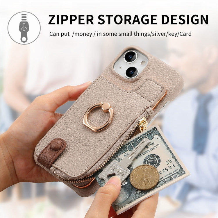 For iPhone 15 Plus Litchi Leather Oil Edge Ring Zipper Wallet Back Phone Case(Khaki) - iPhone 15 Plus Cases by buy2fix | Online Shopping UK | buy2fix