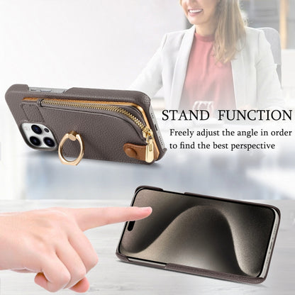 For iPhone 15 Pro Max Litchi Leather Oil Edge Ring Zipper Wallet Back Phone Case(Grey) - iPhone 15 Pro Max Cases by buy2fix | Online Shopping UK | buy2fix