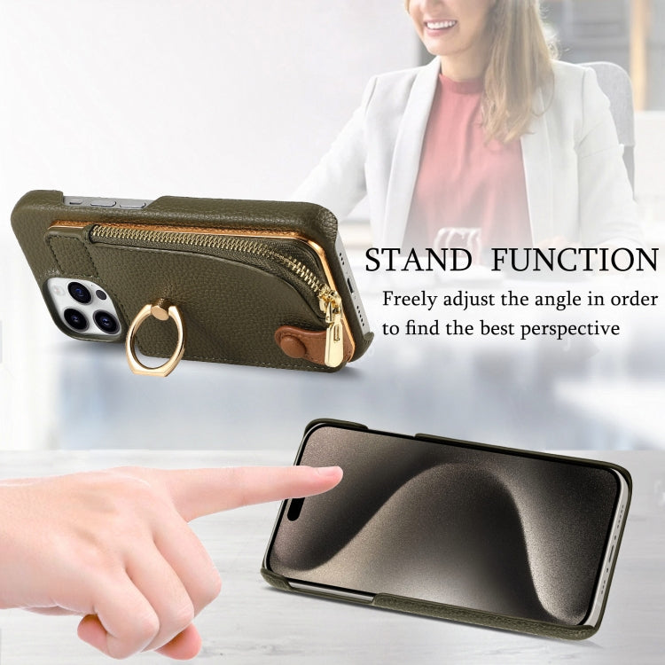 For iPhone 15 Pro Max Litchi Leather Oil Edge Ring Zipper Wallet Back Phone Case(Green) - iPhone 15 Pro Max Cases by buy2fix | Online Shopping UK | buy2fix