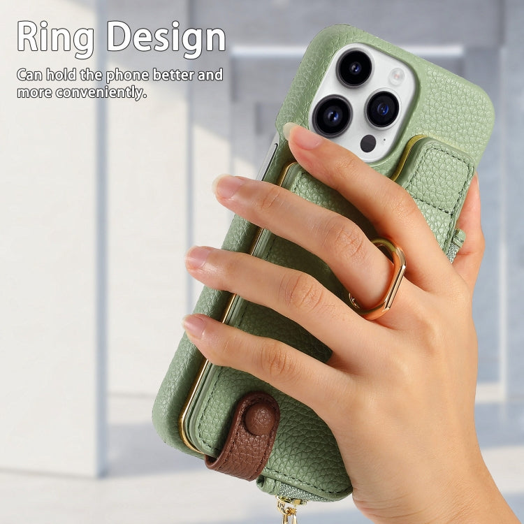 For iPhone 15 Pro Litchi Leather Oil Edge Ring Zipper Wallet Back Phone Case(Tea Green) - iPhone 15 Pro Cases by buy2fix | Online Shopping UK | buy2fix
