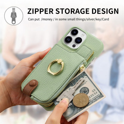 For iPhone 15 Pro Litchi Leather Oil Edge Ring Zipper Wallet Back Phone Case(Tea Green) - iPhone 15 Pro Cases by buy2fix | Online Shopping UK | buy2fix