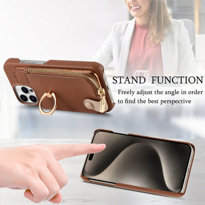 For iPhone 15 Pro Litchi Leather Oil Edge Ring Zipper Wallet Back Phone Case(Brown) - iPhone 15 Pro Cases by buy2fix | Online Shopping UK | buy2fix