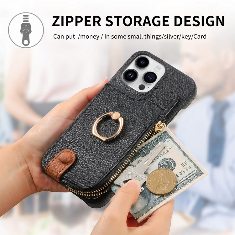 For iPhone 15 Pro Litchi Leather Oil Edge Ring Zipper Wallet Back Phone Case(Black) - iPhone 15 Pro Cases by buy2fix | Online Shopping UK | buy2fix