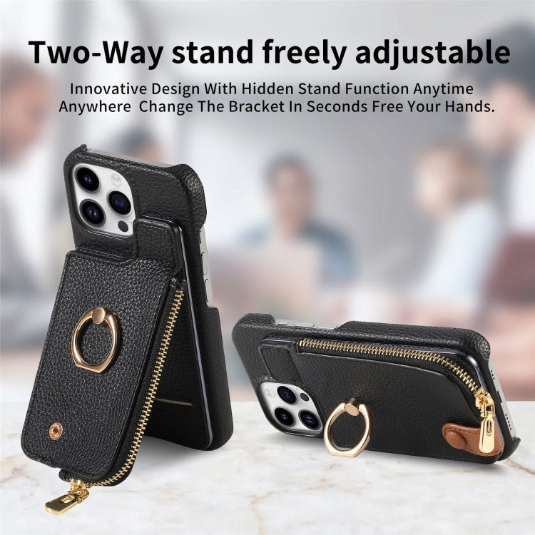 For iPhone 15 Pro Litchi Leather Oil Edge Ring Zipper Wallet Back Phone Case(Black) - iPhone 15 Pro Cases by buy2fix | Online Shopping UK | buy2fix