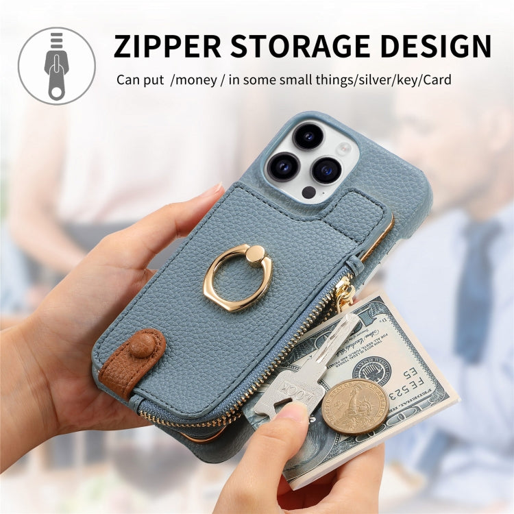 For iPhone 15 Pro Litchi Leather Oil Edge Ring Zipper Wallet Back Phone Case(Light Blue) - iPhone 15 Pro Cases by buy2fix | Online Shopping UK | buy2fix