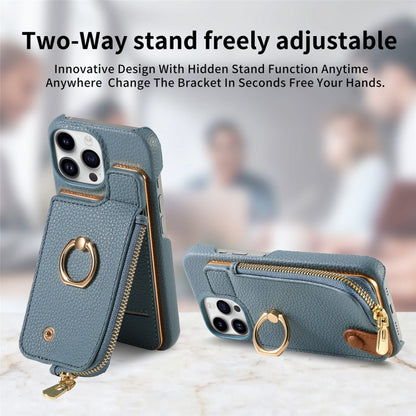 For iPhone 15 Pro Litchi Leather Oil Edge Ring Zipper Wallet Back Phone Case(Light Blue) - iPhone 15 Pro Cases by buy2fix | Online Shopping UK | buy2fix