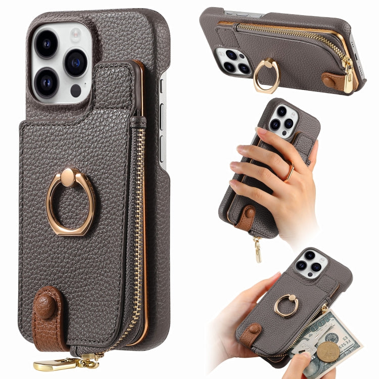 For iPhone 15 Pro Litchi Leather Oil Edge Ring Zipper Wallet Back Phone Case(Grey) - iPhone 15 Pro Cases by buy2fix | Online Shopping UK | buy2fix