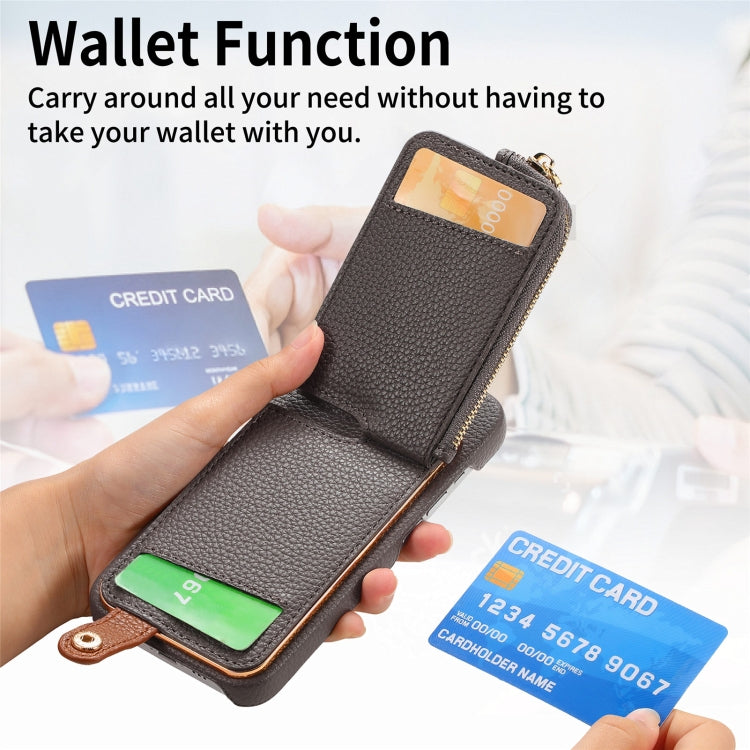 For iPhone 15 Pro Litchi Leather Oil Edge Ring Zipper Wallet Back Phone Case(Grey) - iPhone 15 Pro Cases by buy2fix | Online Shopping UK | buy2fix