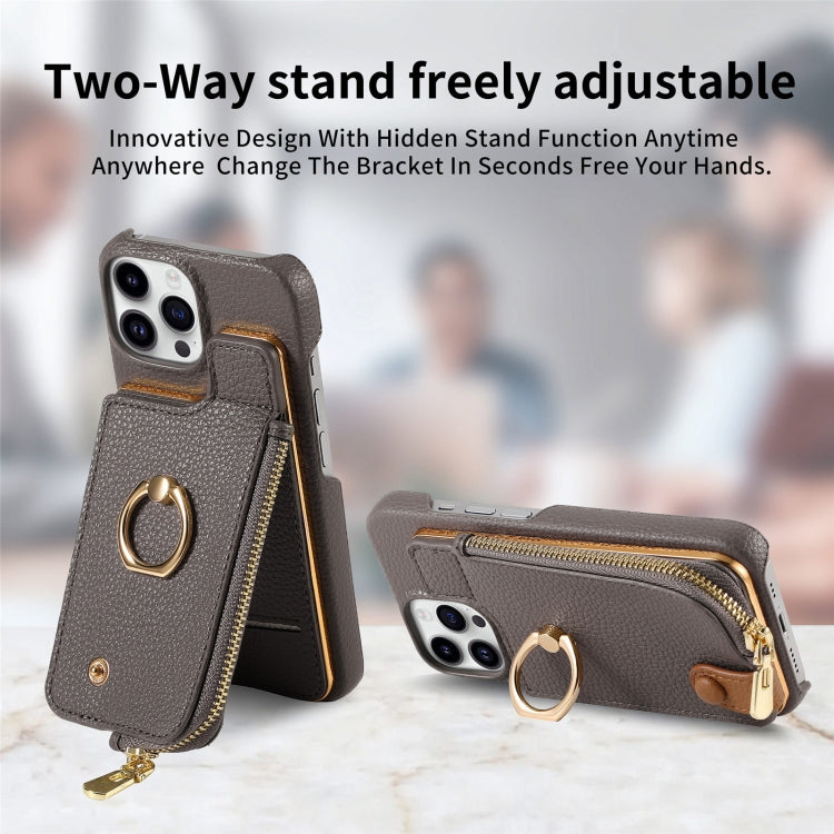 For iPhone 15 Pro Litchi Leather Oil Edge Ring Zipper Wallet Back Phone Case(Grey) - iPhone 15 Pro Cases by buy2fix | Online Shopping UK | buy2fix