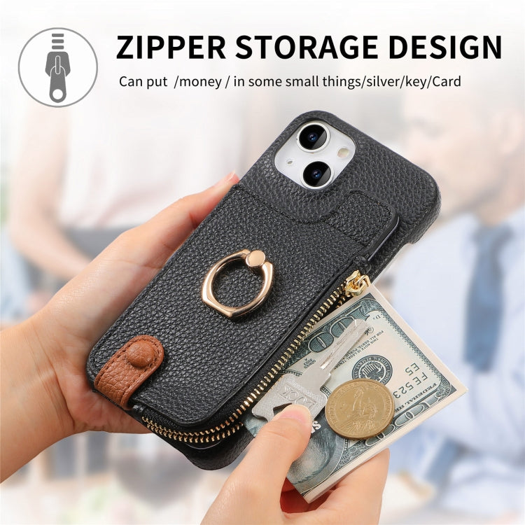 For iPhone 15 Litchi Leather Oil Edge Ring Zipper Wallet Back Phone Case(Black) - iPhone 15 Cases by buy2fix | Online Shopping UK | buy2fix