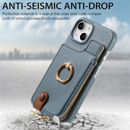 For iPhone 15 Litchi Leather Oil Edge Ring Zipper Wallet Back Phone Case(Light Blue) - iPhone 15 Cases by buy2fix | Online Shopping UK | buy2fix