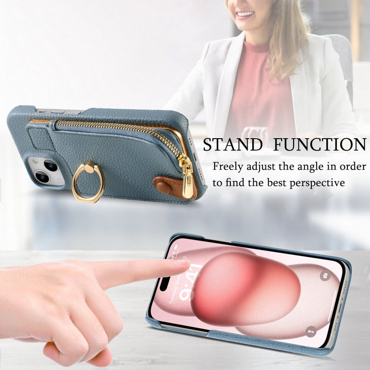 For iPhone 15 Litchi Leather Oil Edge Ring Zipper Wallet Back Phone Case(Light Blue) - iPhone 15 Cases by buy2fix | Online Shopping UK | buy2fix