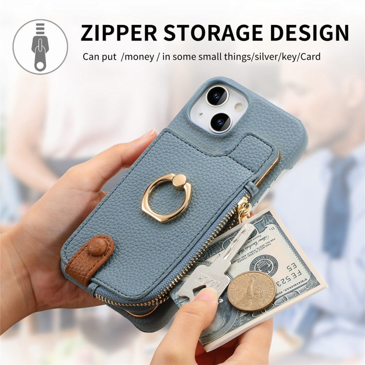 For iPhone 15 Litchi Leather Oil Edge Ring Zipper Wallet Back Phone Case(Light Blue) - iPhone 15 Cases by buy2fix | Online Shopping UK | buy2fix