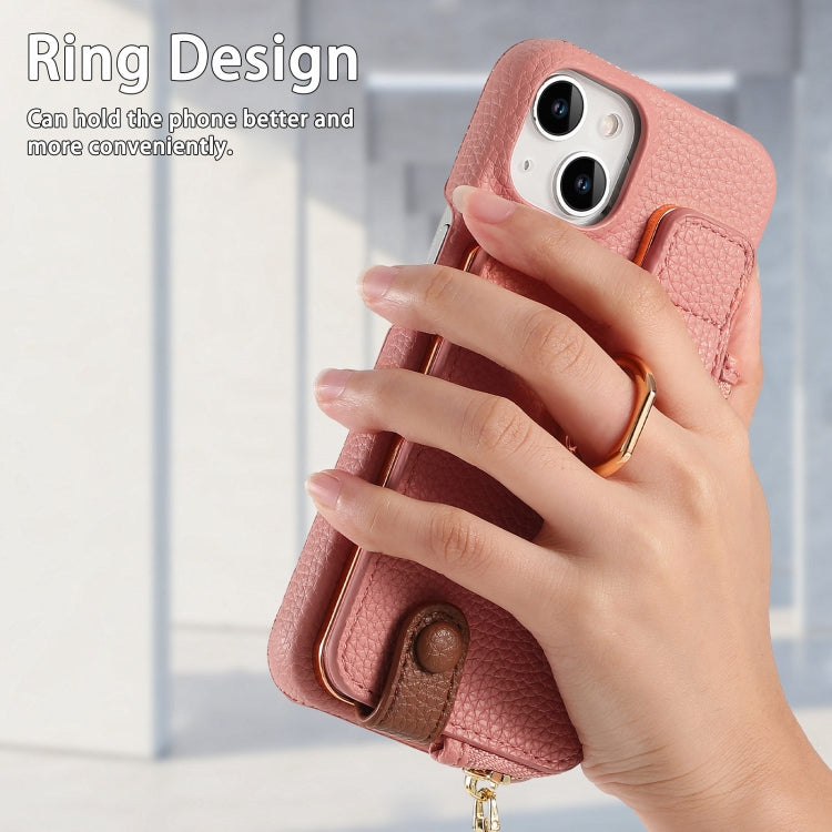 For iPhone 15 Litchi Leather Oil Edge Ring Zipper Wallet Back Phone Case(Pink) - iPhone 15 Cases by buy2fix | Online Shopping UK | buy2fix