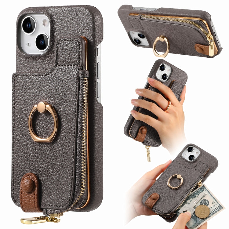 For iPhone 15 Litchi Leather Oil Edge Ring Zipper Wallet Back Phone Case(Grey) - iPhone 15 Cases by buy2fix | Online Shopping UK | buy2fix