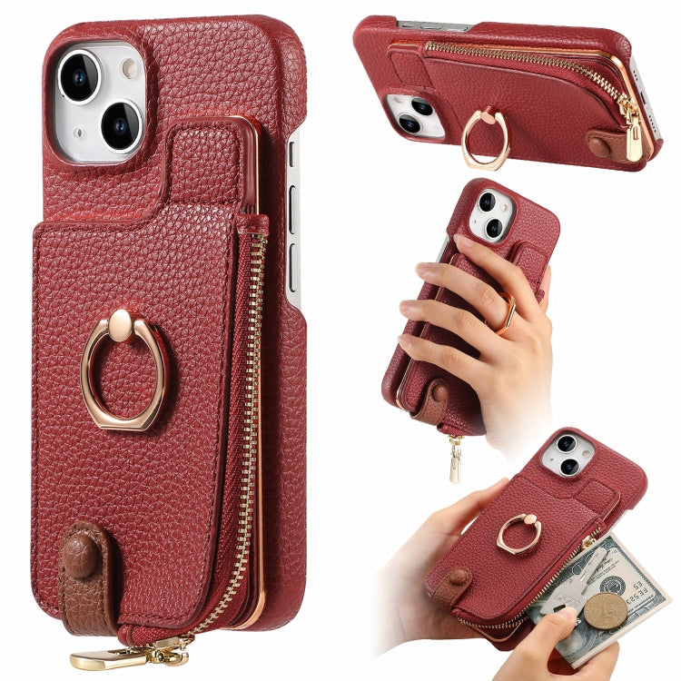 For iPhone 15 Litchi Leather Oil Edge Ring Zipper Wallet Back Phone Case(Red) - iPhone 15 Cases by buy2fix | Online Shopping UK | buy2fix