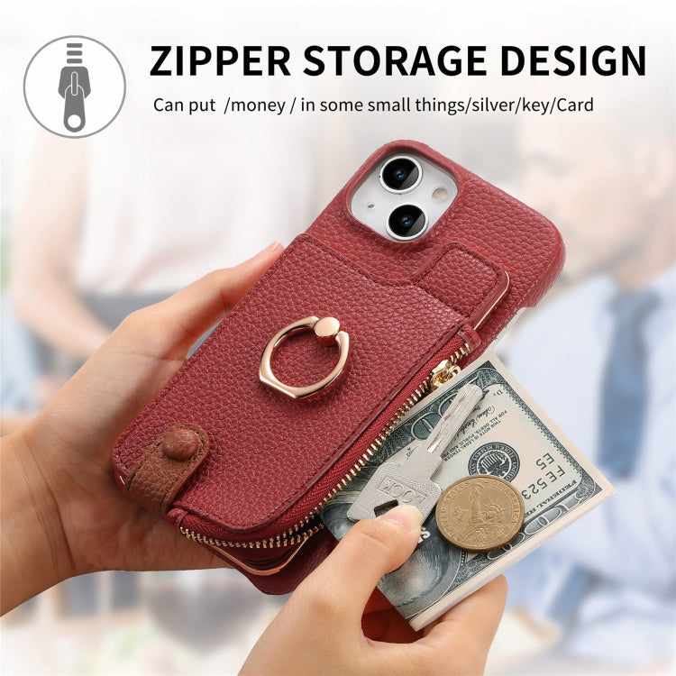 For iPhone 15 Litchi Leather Oil Edge Ring Zipper Wallet Back Phone Case(Red) - iPhone 15 Cases by buy2fix | Online Shopping UK | buy2fix