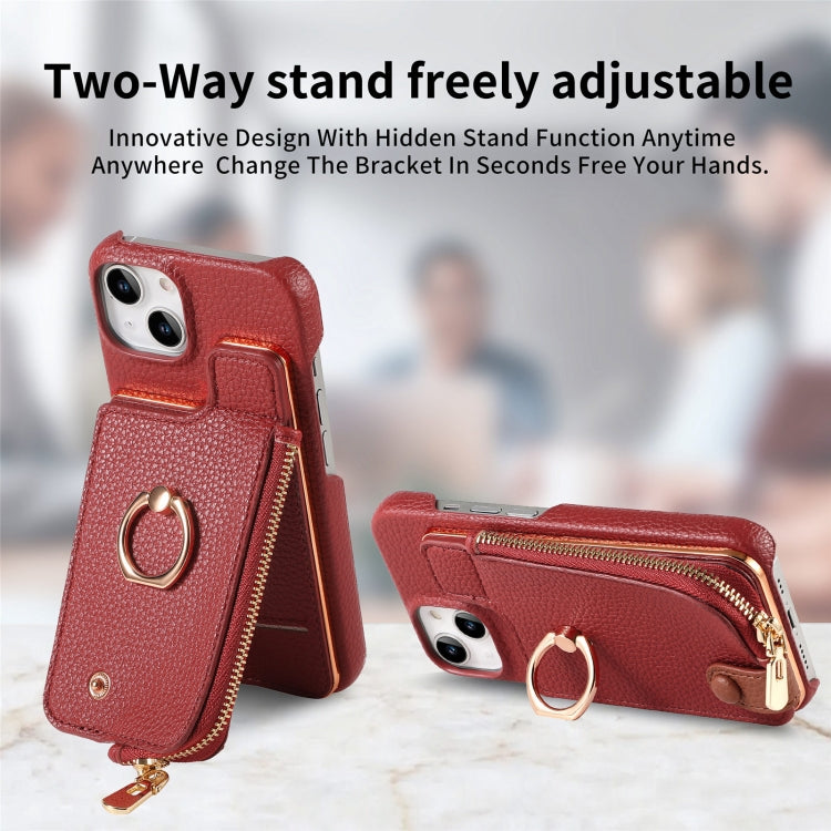 For iPhone 15 Litchi Leather Oil Edge Ring Zipper Wallet Back Phone Case(Red) - iPhone 15 Cases by buy2fix | Online Shopping UK | buy2fix