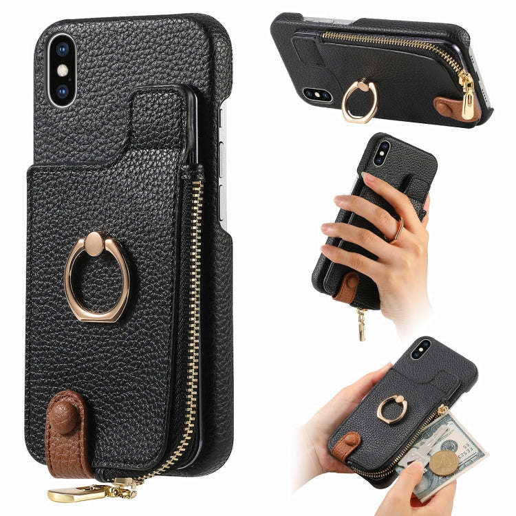 For iPhone X / XS Litchi Leather Oil Edge Ring Zipper Wallet Back Phone Case(Black) - More iPhone Cases by buy2fix | Online Shopping UK | buy2fix