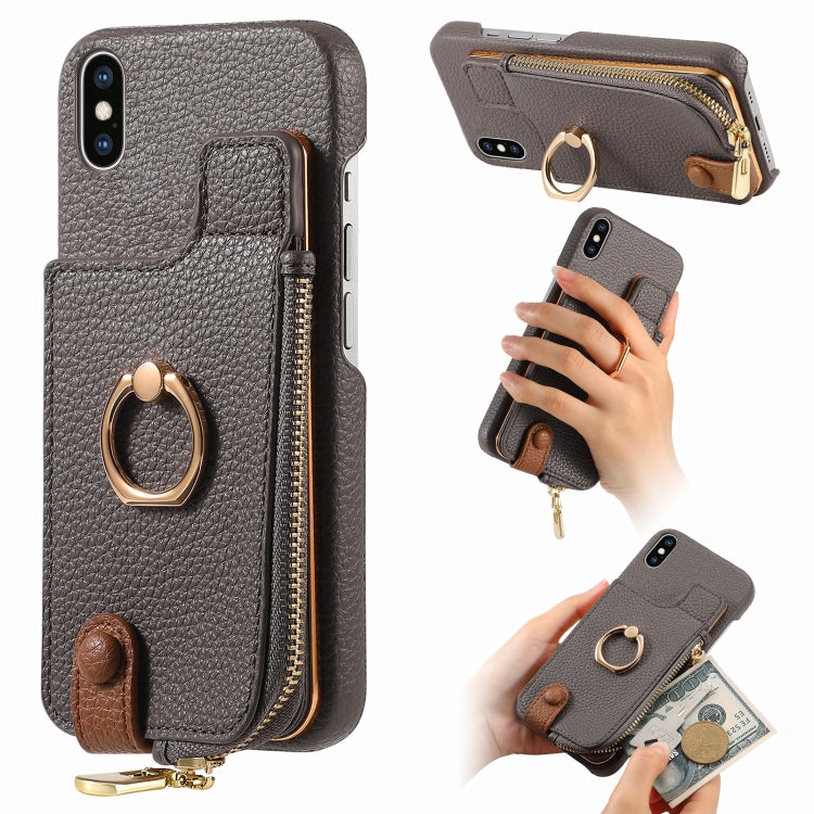 For iPhone X / XS Litchi Leather Oil Edge Ring Zipper Wallet Back Phone Case(Grey) - More iPhone Cases by buy2fix | Online Shopping UK | buy2fix