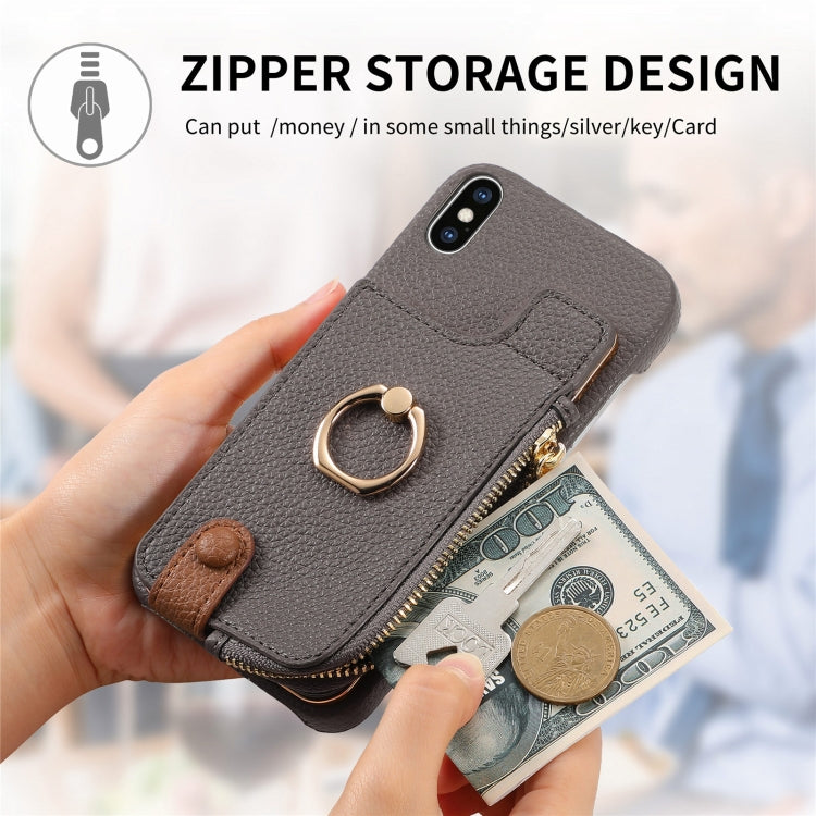 For iPhone X / XS Litchi Leather Oil Edge Ring Zipper Wallet Back Phone Case(Grey) - More iPhone Cases by buy2fix | Online Shopping UK | buy2fix