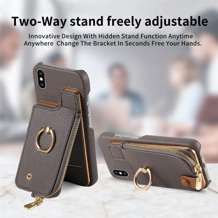 For iPhone X / XS Litchi Leather Oil Edge Ring Zipper Wallet Back Phone Case(Grey) - More iPhone Cases by buy2fix | Online Shopping UK | buy2fix