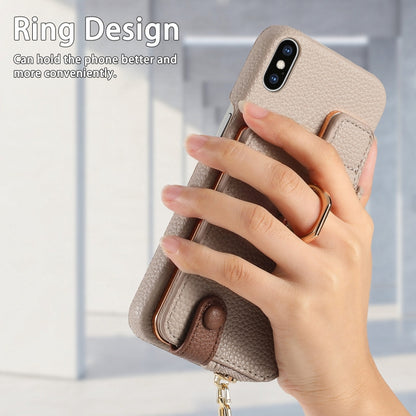 For iPhone X / XS Litchi Leather Oil Edge Ring Zipper Wallet Back Phone Case(Khaki) - More iPhone Cases by buy2fix | Online Shopping UK | buy2fix