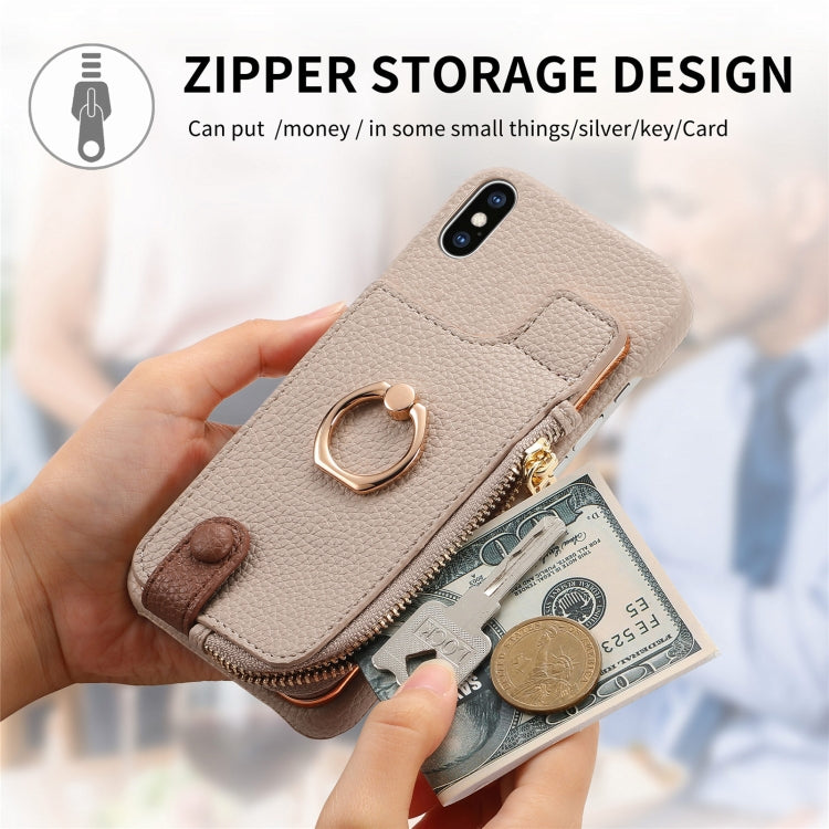 For iPhone XS Max Litchi Leather Oil Edge Ring Zipper Wallet Back Phone Case(Khaki) - More iPhone Cases by buy2fix | Online Shopping UK | buy2fix