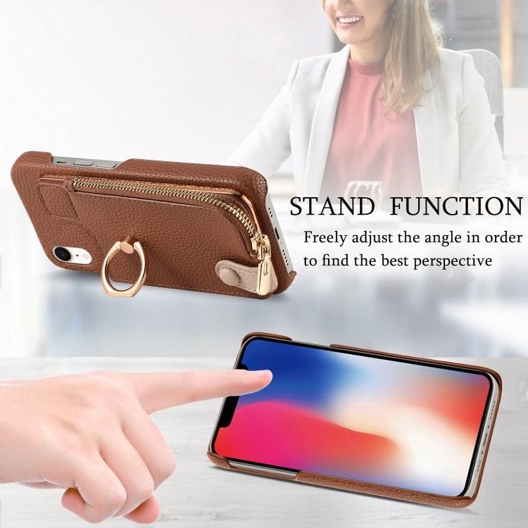 For iPhone XR Litchi Leather Oil Edge Ring Zipper Wallet Back Phone Case(Brown) - More iPhone Cases by buy2fix | Online Shopping UK | buy2fix