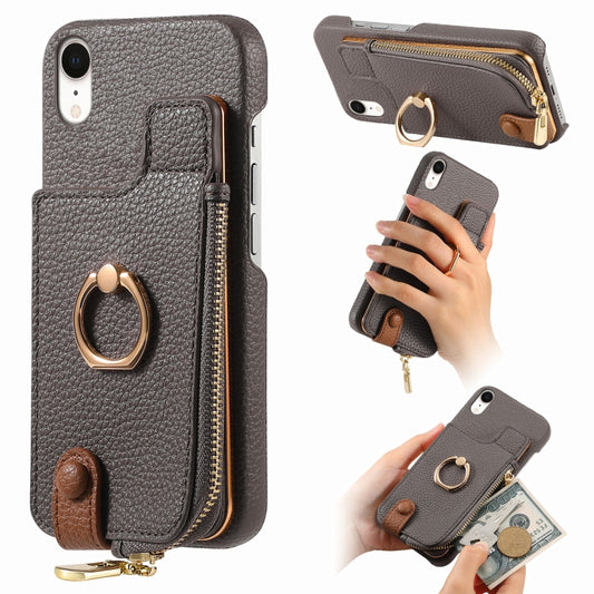 For iPhone XR Litchi Leather Oil Edge Ring Zipper Wallet Back Phone Case(Grey) - More iPhone Cases by buy2fix | Online Shopping UK | buy2fix
