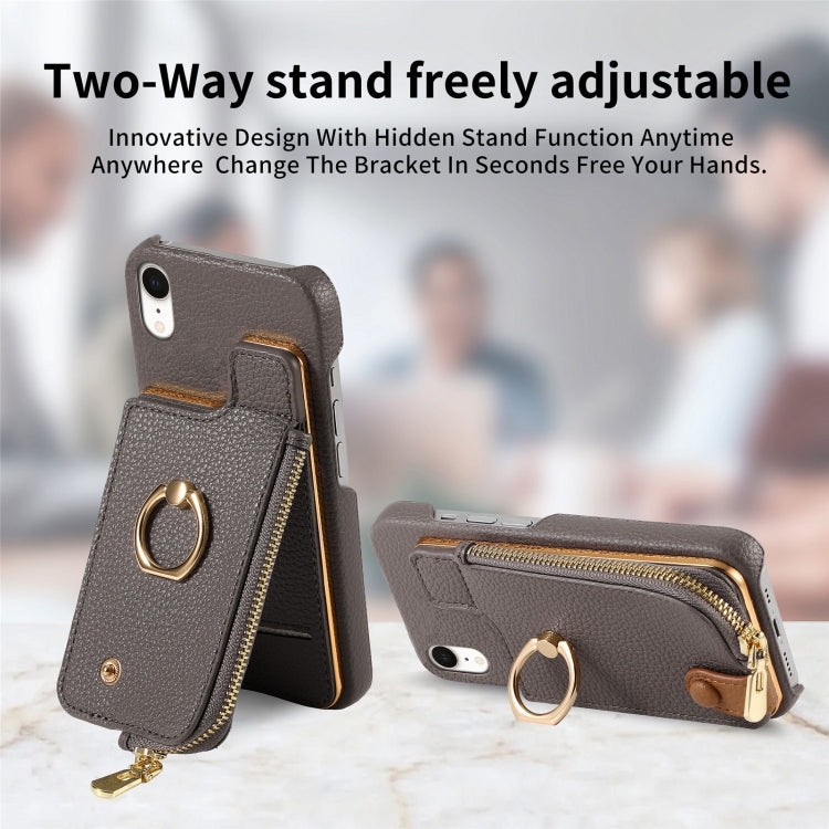 For iPhone XR Litchi Leather Oil Edge Ring Zipper Wallet Back Phone Case(Grey) - More iPhone Cases by buy2fix | Online Shopping UK | buy2fix