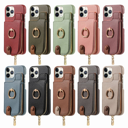 For iPhone 14 Plus Litchi Leather Oil Edge Ring Zipper Wallet Back Phone Case(Khaki) - iPhone 14 Plus Cases by buy2fix | Online Shopping UK | buy2fix