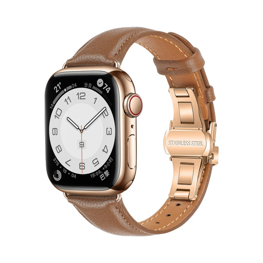 For Apple Watch SE 2022 44mm Plain Leather Butterfly Buckle Watch Band(Dark Brown+Rose Gold)