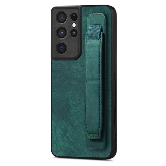 For Samsung Galaxy S21 Ultra 5G Retro Wristband Holder Leather Back Phone Case(Green)