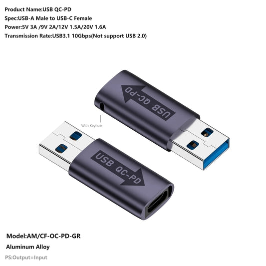 USB-A Male QC3.1 to Type-C Female PD 10Gbps Converter Adapter, Model:Grey without Indicator Light by buy2fix