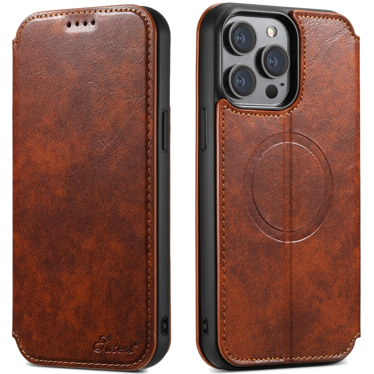 For iPhone 15 Pro Suteni J05 Leather Magnetic Magsafe Phone Case(Khaki) - iPhone 15 Pro Cases by Suteni | Online Shopping UK | buy2fix