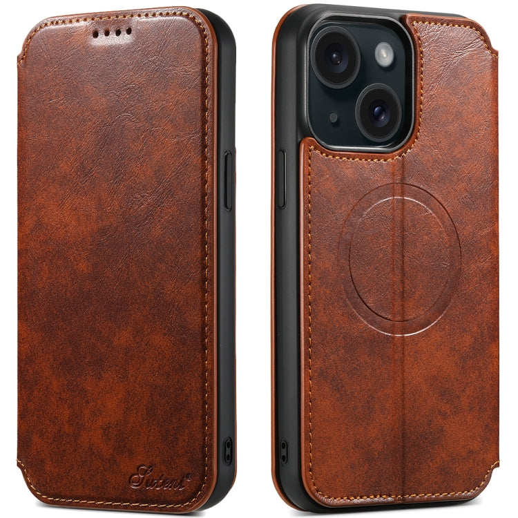 For iPhone 15 Plus Suteni J05 Leather Magnetic Magsafe Phone Case(Khaki) - iPhone 15 Plus Cases by Suteni | Online Shopping UK | buy2fix
