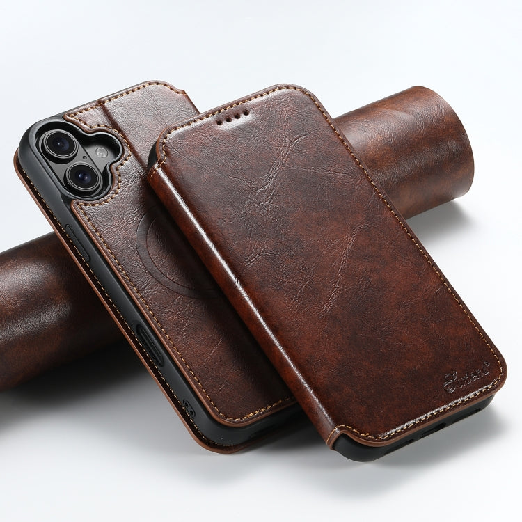 For iPhone 16 Plus Suteni J05 Leather Magnetic MagSafe Phone Case(Khaki) by Suteni