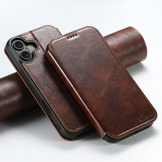 For iPhone 16 Plus Suteni J05 Leather Magnetic MagSafe Phone Case(Khaki) by Suteni