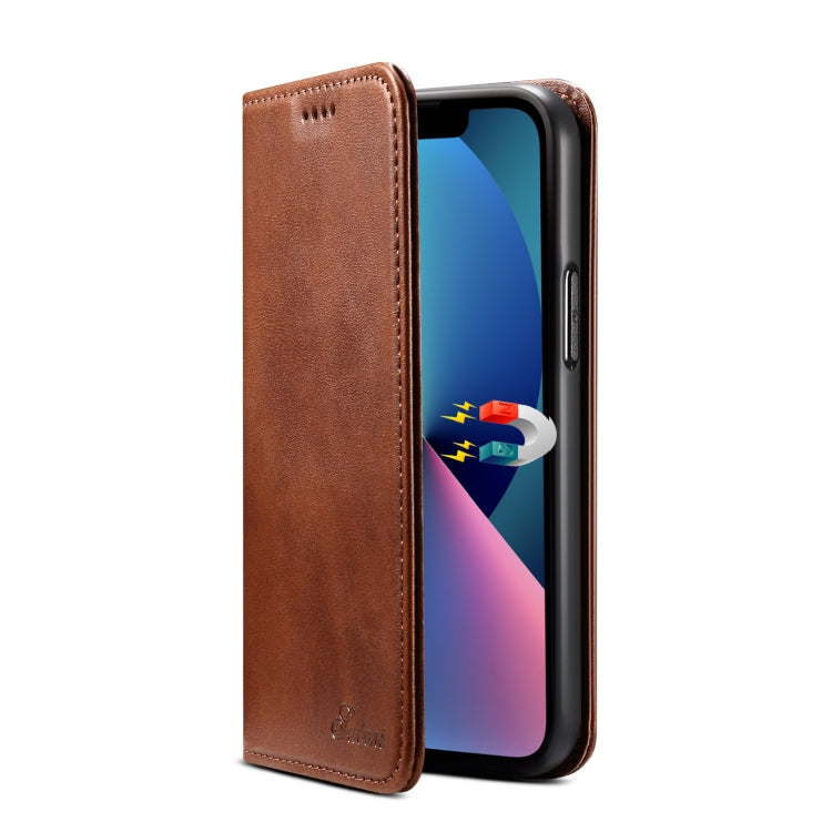 For iPhone 15 Plus Suteni Calf Texture Horizontal Flip Leather Phone Case(Brown) - iPhone 15 Plus Cases by Suteni | Online Shopping UK | buy2fix