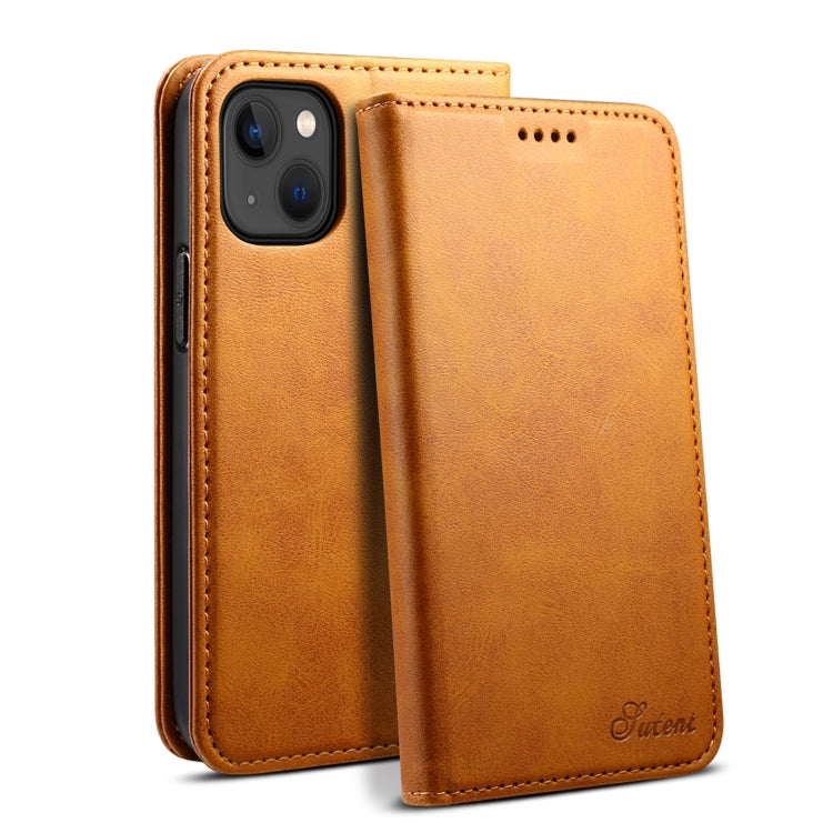 For iPhone 15 Plus Suteni Calf Texture Horizontal Flip Leather Phone Case(Khaki) - iPhone 15 Plus Cases by Suteni | Online Shopping UK | buy2fix