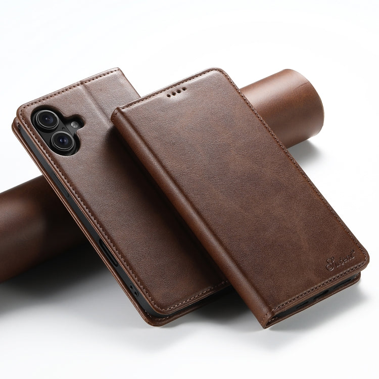 For iPhone 16 Suteni Calf Texture Horizontal Flip Leather Phone Case(Brown) by Suteni