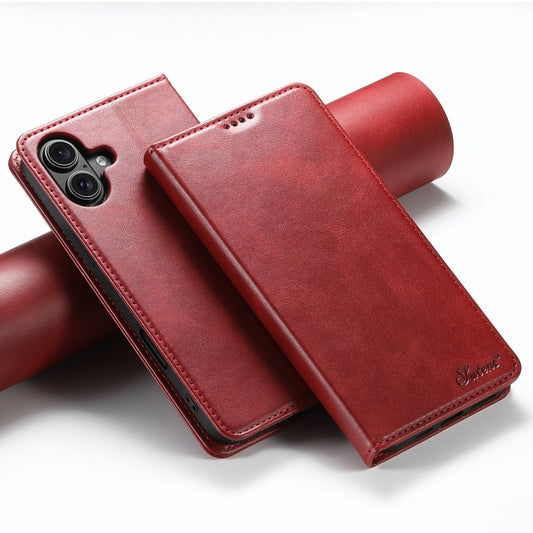 For iPhone 16 Suteni Calf Texture Horizontal Flip Leather Phone Case(Red) by Suteni
