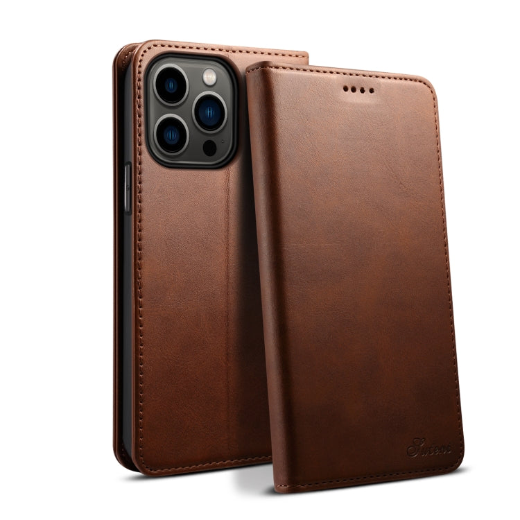For iPhone 16 Pro Suteni Calf Texture Horizontal Flip Leather Phone Case(Brown) by Suteni